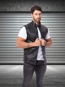 Chaleco de cuero de motocicleta para hombre, estilo deportivo sin mangas, color negro, para primavera/verano, con forro polar - Negro - Ver 8