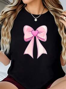 Cute Heart With Coquette Ribbon Bowknot Valentines Bow-Shirt         Graphic Tees Women Crop Tops Summer Outfits Women Summer Tops-Shirt - 黑色 - 查看 1
