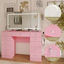 46" Vanity Desk Set With 11 Drawers For Storage , Makeup Vanity Table With Five Times Lens Bulbs And Mirror 3 Color & Brightness Adjustable, Makeup Vanity Desk With Crystal Handle, Vanity Table With Large Mirror,  Storage With Hairdryer Holder  Gift For Girls Women - 查看 7