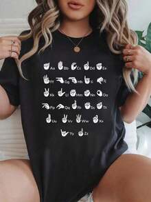 100% Cotton Speech Hand Sign Language Pathologist Funny Learning T-Shirt Crew Neck Short Sleeve T-Shirt, Casual Print Graphic Cotton Tees Women Tops - 黑色 - 查看 1