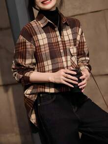 Vintage Brushed Thickened Layered Plaid Shirt, Long Sleeve Top For Spring & Autumn