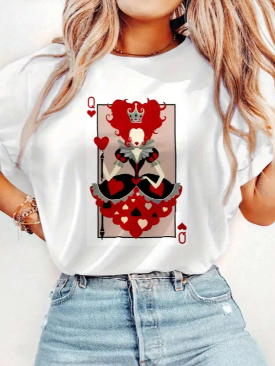 Women's Round Neck T-Shirt With Queen Of Hearts Print, Fashion Women's T-Shirt With Queen Of Hearts Print, Casual Short Sleeve T-Shirt, Promotion Women's Blouse, Comfort For All Seasons - 白色 - 查看 1