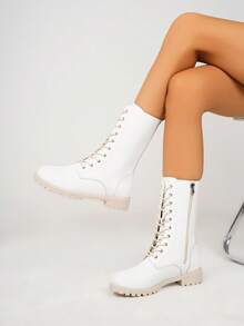 女士时尚百搭系带中筒靴/踝靴/短靴，摩托车靴，踝靴，高帮防滑靴，休闲舒适侧拉链户外靴，骑行户外黑色靴，秋冬靴，户外靴，过膝靴 - 白色 - 查看 3