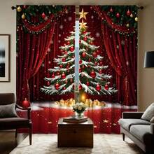 2 piezas Cortinas navideñas con estampado de árbol de Navidad rojo - Decoración navideña elegante con copos de nieve, estrellas doradas y adornos, diseño de bolsillo para vara para sala de estar o dormitorio, de microfibra de poliéster lavable a máquina, Cortinas navideñas