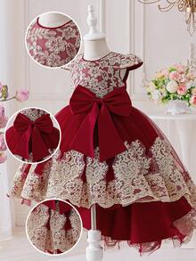 Vestido formal elegante con mangas abullonadas de malla bordada y cola para niñas jóvenes, adecuado para fiestas, cumpleaños, bailes escolares, sin diadema