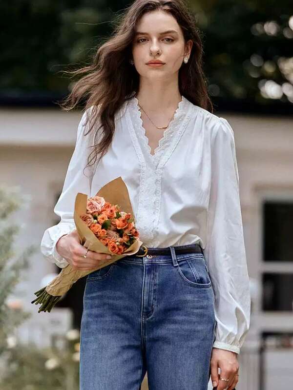 Women's Long-Sleeved Shirt, Pure White, Made Of Polyester Fabric, Featuring Lace Patchwork Design - With Buttons At The Front. This Shirt Is Elegant And Chic, Suitable For Formal Occasions, Evening Dates, Festival Events, From Spring To Autumn Seasons, As Well As For Casual Outings And Travels.