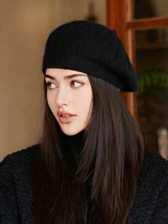 1pc Women's Solid Color Fringed Beret Hat, Soft Knit Beanie Cap Suitable For Autumn/Winter Casual Wear, Walking, Shopping