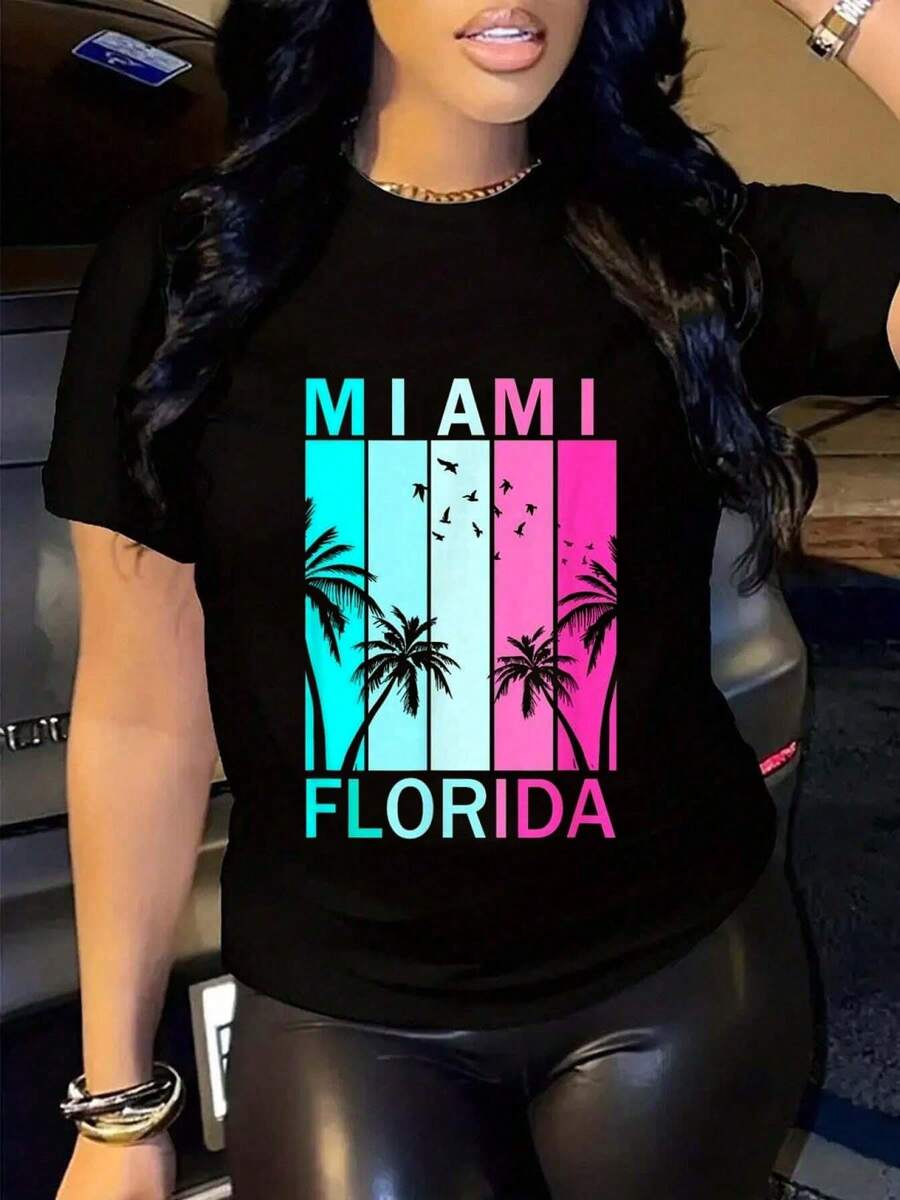 100% Cotton Casual Tshirt Retro Miami Florida Beach Souvenir T-Shirt Women's Men's Black Short Sleeve T-Shirt Classic Fit Funny Tee - 黑色 - 查看 1