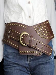 1pc Bohemian Style Waist Belt With Wide Waistband, Antique Copper Rivets Inlaid With High-Quality Retro Fashion Unisex Y2k Accessories, Suitable For Daily Leisure Vacation Travel, Paired With Dresses And Short Skirts - Multicolor - View 2