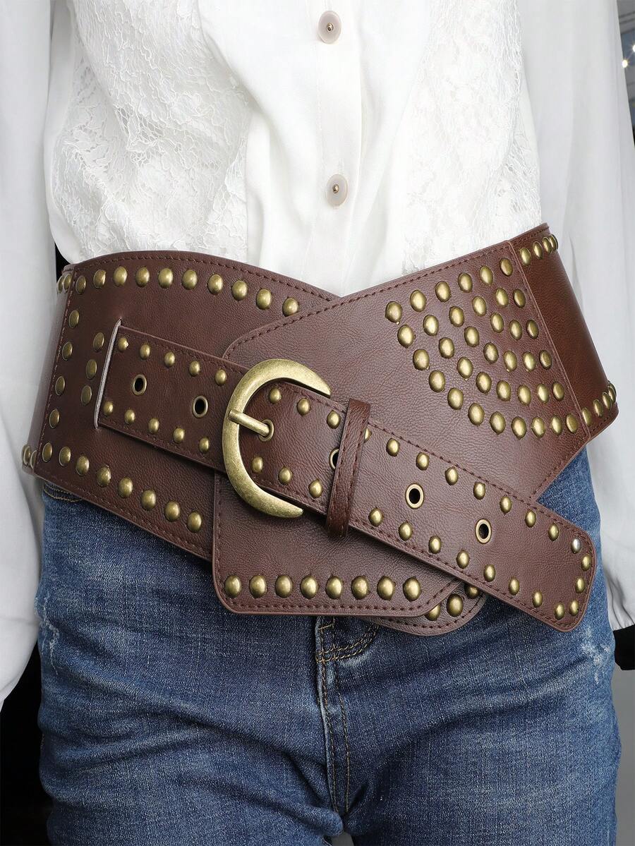 1pc Bohemian Style Waist Belt With Wide Waistband, Antique Copper Rivets Inlaid With High-Quality Retro Fashion Unisex Y2k Accessories, Suitable For Daily Leisure Vacation Travel, Paired With Dresses And Short Skirts