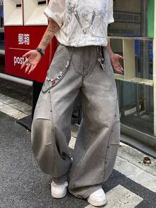 1 chiếc quần jeans ống loe kiểu Nhật Bản phối đinh tán, rộng rãi và thoải mái, đa năng (Không bao gồm thắt lưng và phụ kiện) - Xám - Xem 6