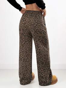 Pantalones de mujer con estampado de leopardo, estilo holgado y pierna ancha, casuales para uso diario o conjunto urbano - Leopardo - Ver 3