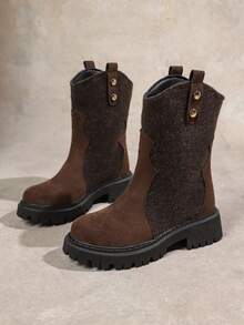 Women's High-End Coffee Brown Leather & Suede Patchwork Mid-Calf Pleated Fashion Motorcycle Boots, Thick Sole Round Toe Minimalist Chelsea Boots For Commuting