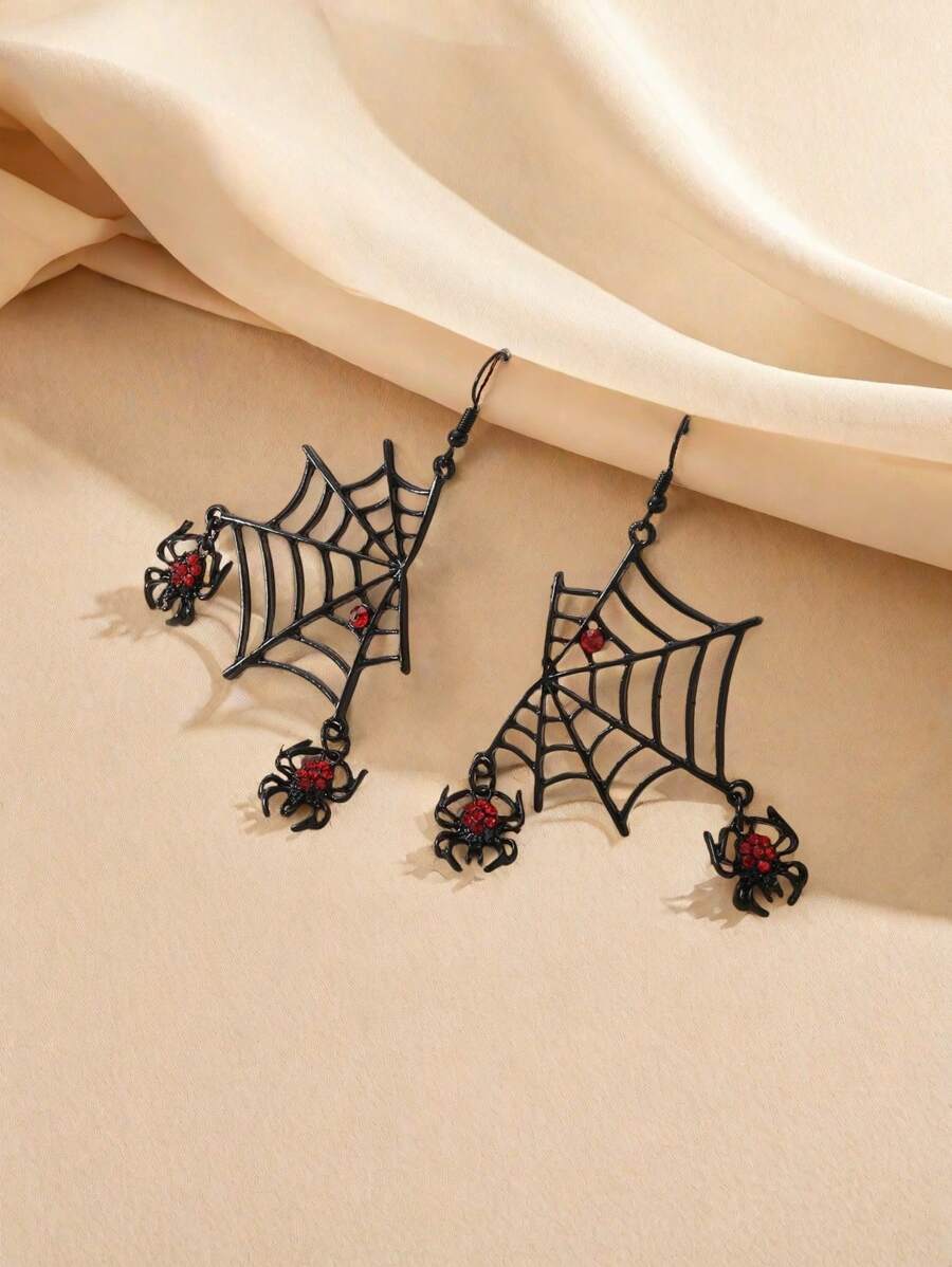 1 Par de Brincos Únicos da Série Halloween com Desenho de Teia de Aranha de Strass, Brincos Versáteis Estilo Punk Pendentes para Mulheres
