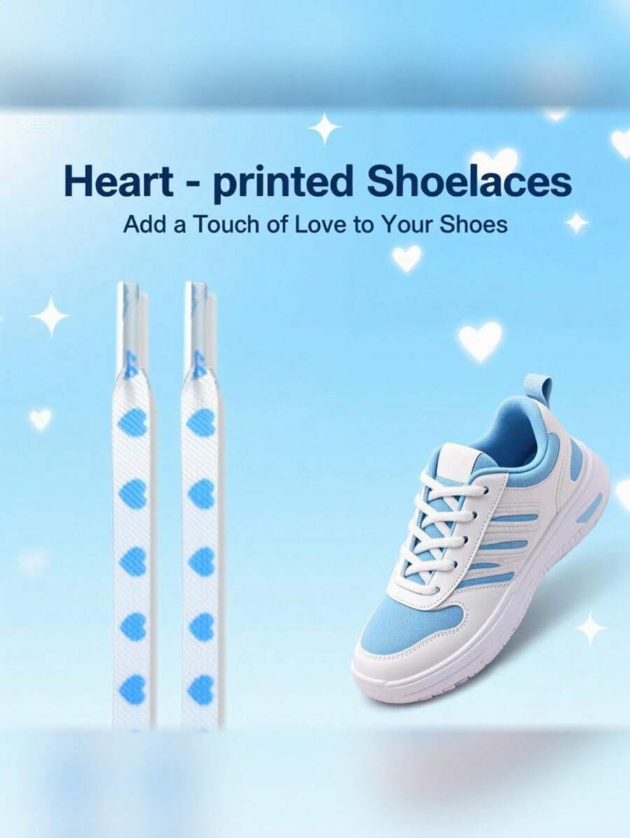 2pcs White Base Blue Heart Shoelaces, Add Sweet Charm, Easily Upgrade Your Shoe Style, Fashion Versatile, Unisex