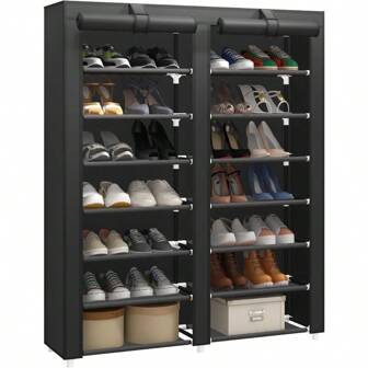 ESGRGRD Double Row Shoe Rack Storage Organizer With Big Capacity,7-Tier Shoe Cabinet,Shelf,Closet With Nonwoven Fabric Cover For 28 Pairs Of Shoes,Grey