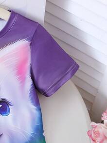 Girls' Casual Elegant Breathable Cat & Floral Print 3D T-Shirt Dress, Suitable For Everyday, Vacation, Party, Graduation, Back To School, Christmas - Multicolor - View 5