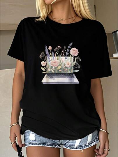 Floral Laptop Flower Tech Office Work Lover-Shirt         Graphic Tees Women Crop Tops Summer Outfits Women Summer Tops-Shirt