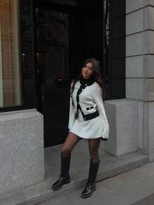 SEREN Herbst und Winter Neu 1 Stück Rundhals Schwarz-Weiß Kontrast Gestrickter Cardigan Damen Langarm Oberteil, französischer Stil elegante Temperament modische Lässig Alltag Ausgehen Pendler Strickjacke Herbst Damenmode