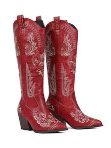 Red Cowgirl Outfits For Women Boots  Knee High Pointed Toe Thick Heels Festival Shoes Fashion Country Concert Combat Boots For Women - Đỏ - Xem 10