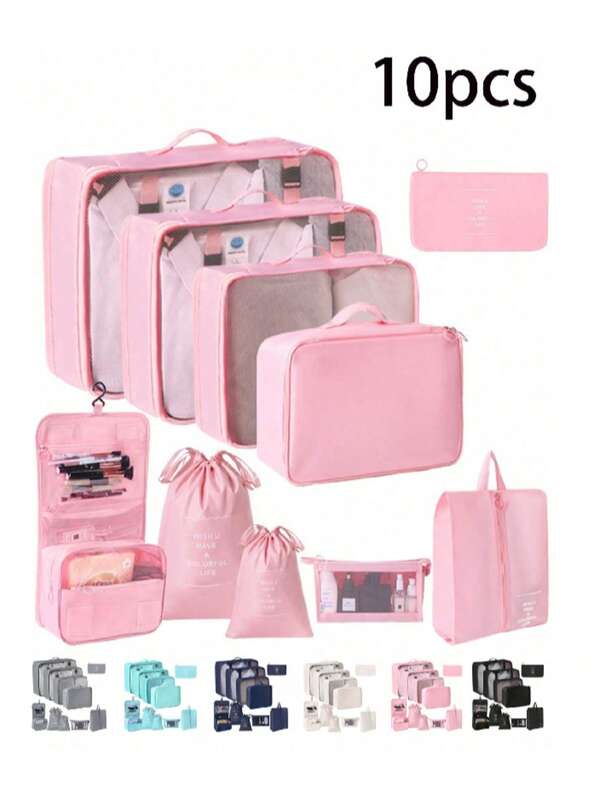 Set de 10 bolsas organizadoras de viaje, bolsa de maquillaje, bolsa de aseo, cubos de embalaje minimalistas de poliéster para accesorios de viaje, artículos esenciales de viaje, mochila de viaje, maleta, mudanza, vuelta al colegio