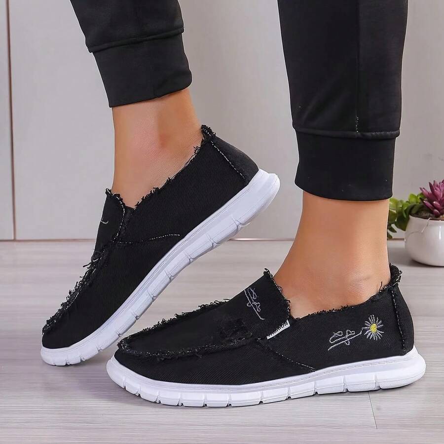 Women Casual Canvas Shoes Lightweight Comfortable Walking Sneakers BreathableFashion Athletic Footwear For Daily Wear - 黑色 - 查看 1