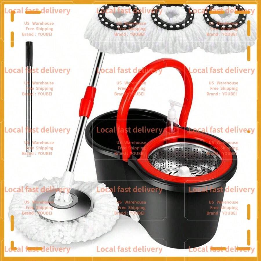 Local Devery-Mop Replace Heads, Mop Handle And Mop Base Replacements, Spin Mop Bucket System With 3 Microfiber Mop Head Refills, 3-Section Stainless Steel Adjustable Handle 36-61in