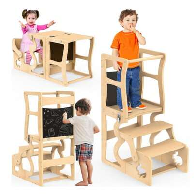 Torre di apprendimento per bambini e neonati, torre di apprendimento Montessori con lavagna, sgabello trasformabile in tavolo e sedia per bambini, multifunzionale, legno di alta qualità