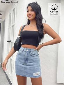 Mobula Sound# 时尚日常休闲牛仔裙，做旧水洗，百搭春夏季，日常穿着，旅行，机场穿 - 藍色 - 查看 5