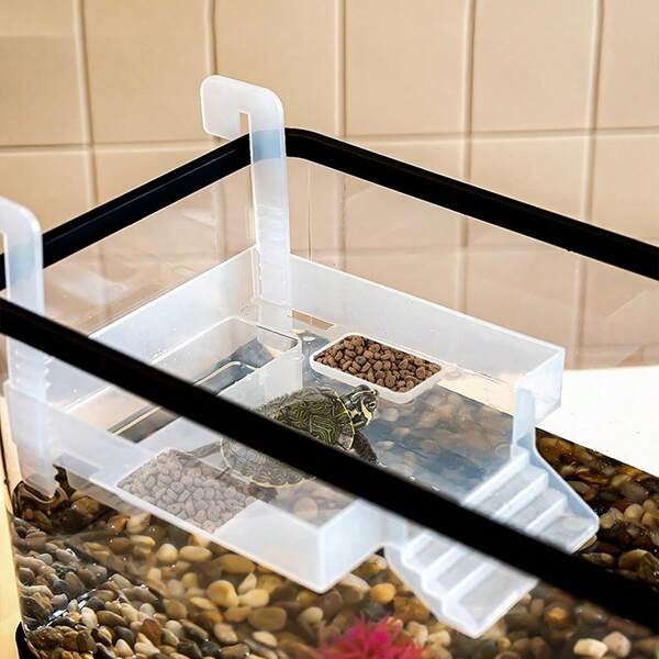 1 pezzo Piattaforma da basking per tartarughe montata a parete in acrilico con rampa e area di alimentazione, piattaforma da basking per tartarughe con alto livello dell'acqua, scala galleggiante per terrario rettili