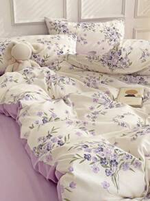 4 Pieces Lavender Floral Bedding Set (1 Duvet Cover, 2 Pillowcases, 1 Fitted Sheet), Floral Cozy Style Comforter Cover Set, Without Filler, Suitable For Home Bedroom Dormitory Decor