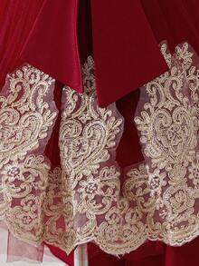 Vestido formal elegante con mangas abullonadas de malla bordada y cola para niñas jóvenes, adecuado para fiestas, cumpleaños, bailes escolares, sin diadema