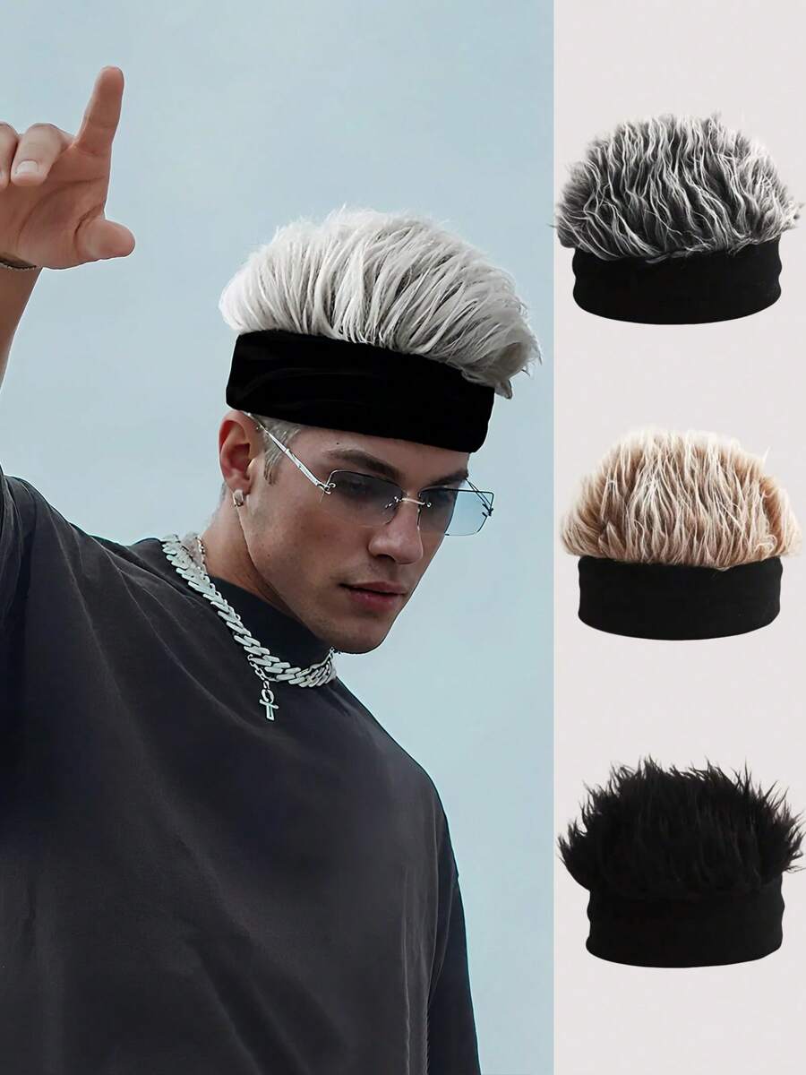 1pc Men's Personalized Knit Beanie Hat With Fake Hair, Fashionable Brimless Cap, Men's Party Cosplay Accessory