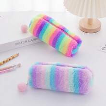 Gradient Color Cute Girl Plush Octagonal Pencil Case, Simple Student Stationery Storage Bag