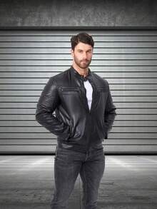 男士户外专业摩托车皮夹克，插肩袖机车夹克，PU 皮夹克，立领运动夹克，拉链口袋，黑色，适合秋冬，羊毛 - 黑色 - 查看 3