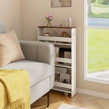 GOFLAME Slim Storage Cart W/Handle, 4-Tier Slide Out Utility Cart, Shelving Unit Organizer Trolley For Narrow Places, Perfect For Laundry, Kitchen, Living Room - Brown - View 5