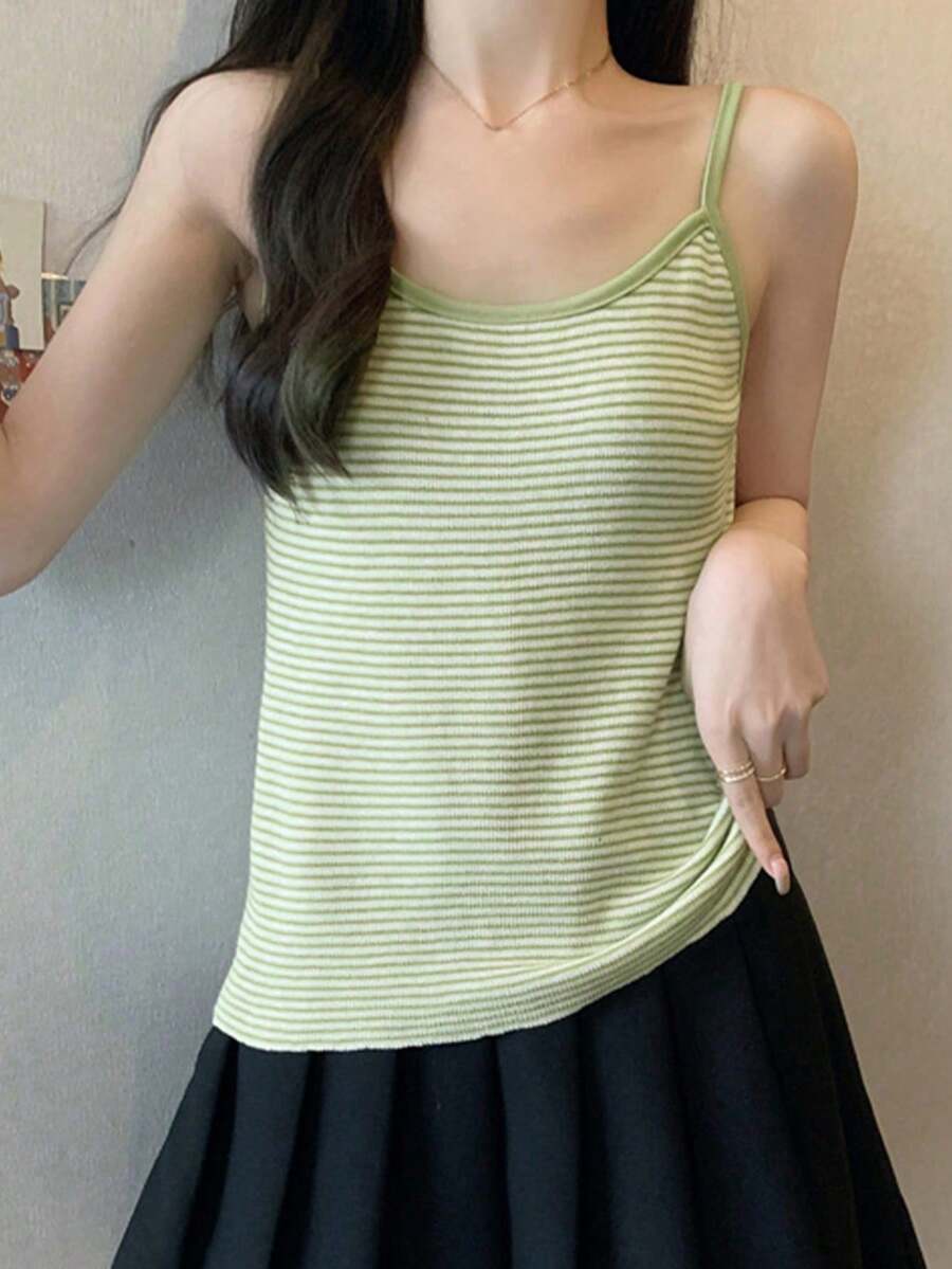 女式撞色条纹无袖休闲针织背心，春夏季 - 綠色 - 查看 1
