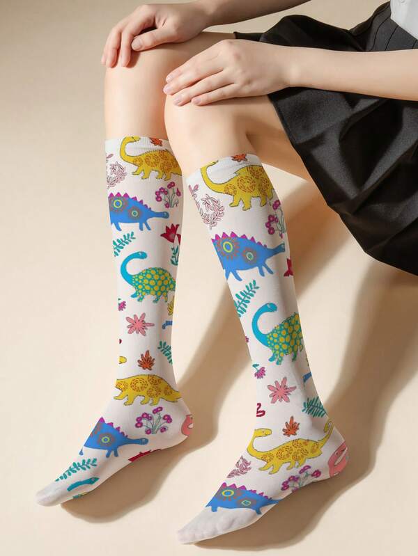1/2/5 Pairs Of Women's 50D Dinosaur Pattern Calf Socks, Lightweight Summer Socks, Small Flower Patterns, Small Grass Patterns, Fashionable Socks, Creative Socks, Cute Socks, Holiday Gift Socks, Back-To-School Season, Suitable For Everyday Wear, Dates, And Holiday Wear.