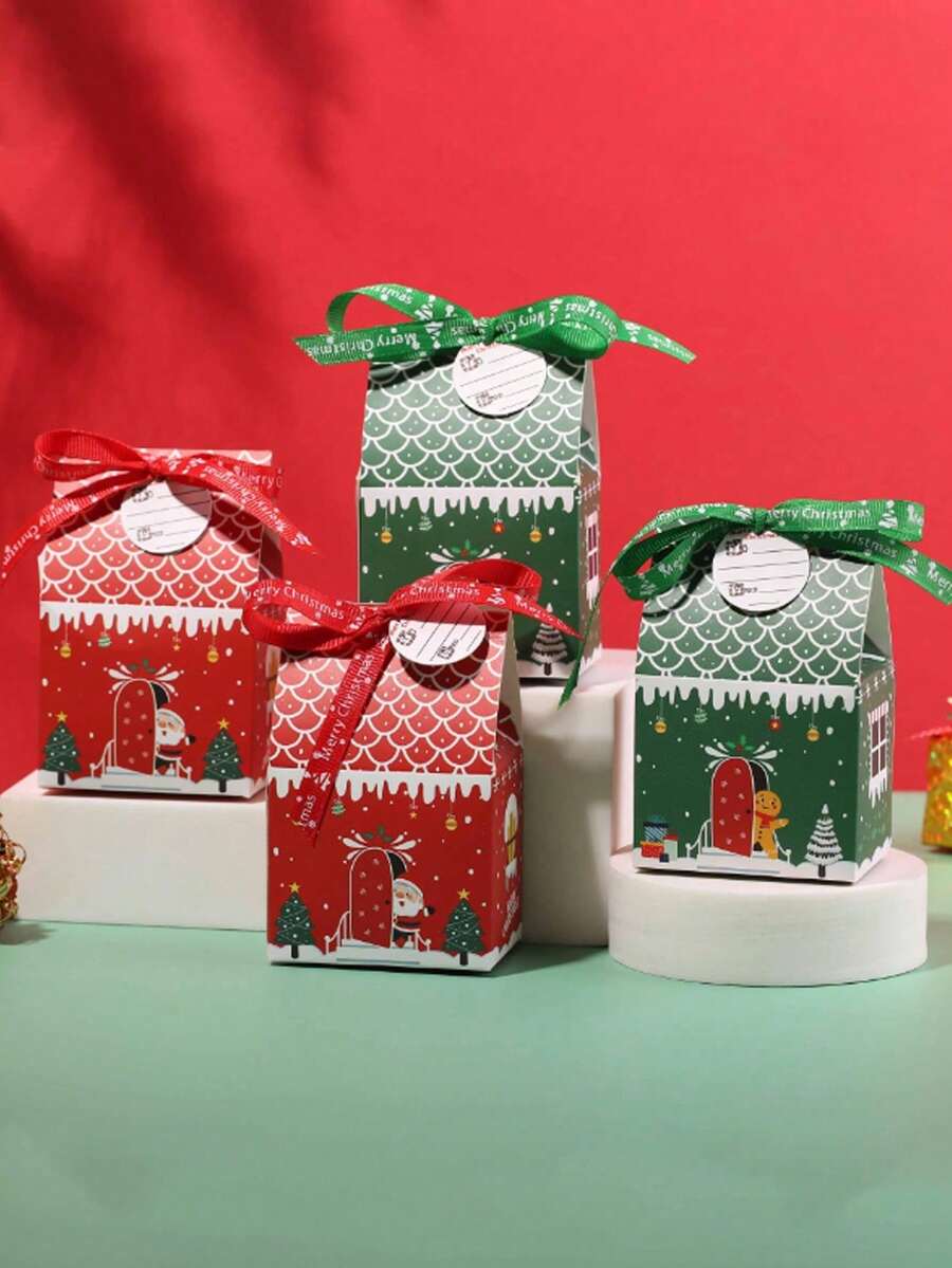10pcs/50pcs/Pack Colorful Mini Christmas House Gift Boxes, Party Favor Boxes With Ribbons And Cards Christmas Pajamas Gifts Christmas Decor - Multicolor - View 1