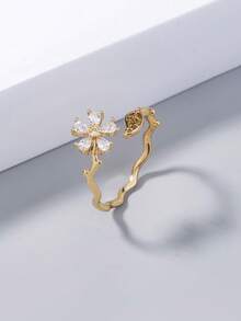 Nooxian 1 件金色四叶草花朵锆石开口戒指，女士可爱花卉宝石开口戒指 - 金黃色 - 查看 2