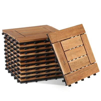 Jiubiaz 22 Stück Holzfliesen Mosaik 2 qm, 30x30cm Terrassenfliesen Klickfliesen Balkonfliesen mit Drainagensystem, Wetterfest aus Akazienholz