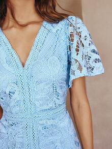 女士春夏新款优雅纯色蕾丝V领不对称下摆长连衣裙，派对礼服，生日礼服，晚礼服 - 藍色 - 查看 6