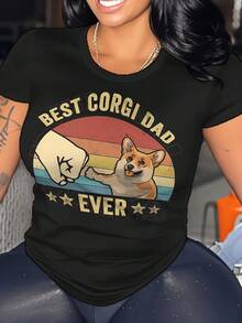 Plus Size Elegant Casual T-Shirt, Women's Corgi Pet Print Round Neck Tee Short Sleeve Top For Spring & Summer Vacation Clothing Gifts For Women