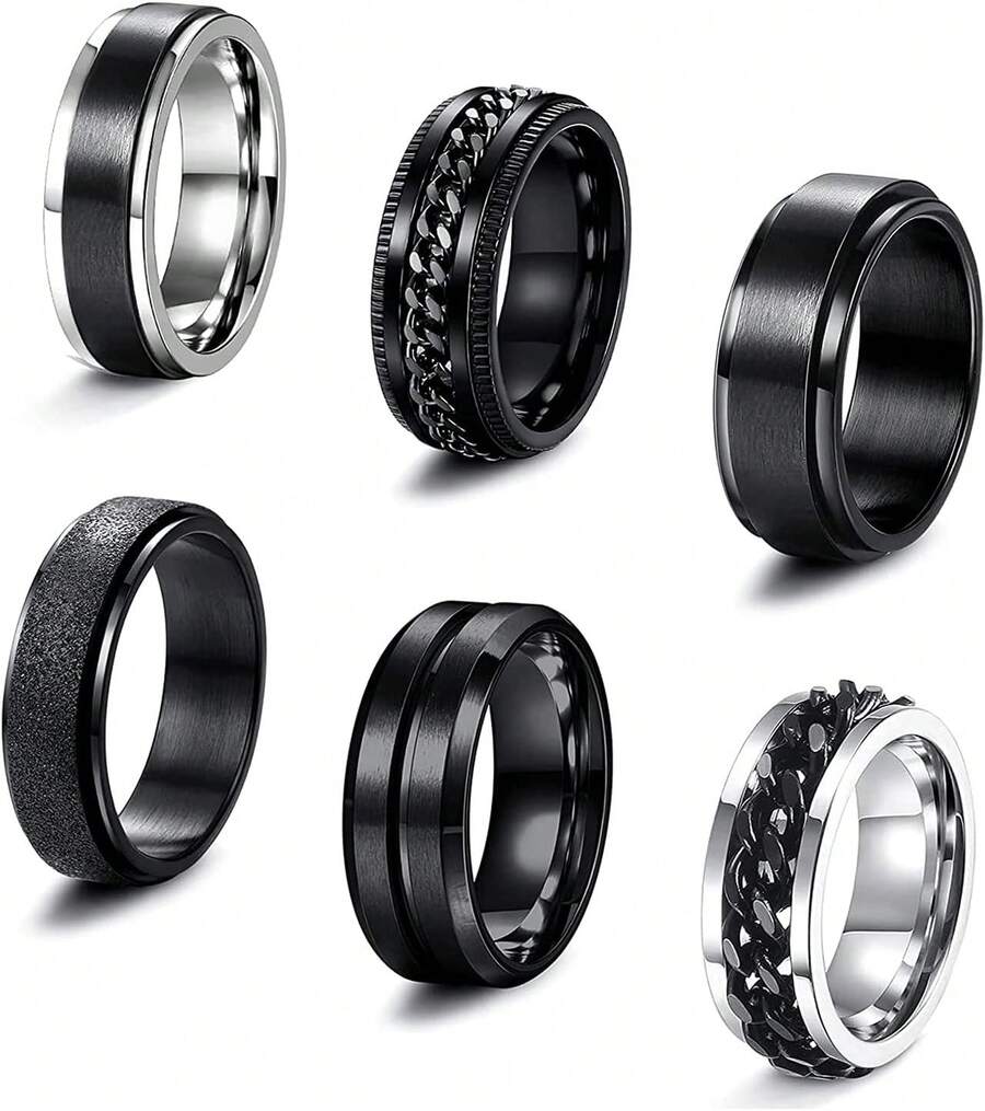 6 Pcs 6/8 MM Black Spinner Rings For Men Women Stainless Steel Fidget Ring Anxiety Stress Relieving Cool Chain Fashion Ring Set Wedding Promise Band Rings Size 7-13-HOME - 7 - 查看 1