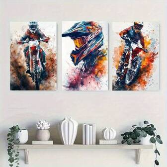 3 Piecesoff-Road Motorcycle Canvas Art Set, Optional Wooden Frame Modern Off-Road Motorcycle Poster, Multifunctional Hanging Decoration, Suitable For Bedrooms, Living Rooms, Offices, Cafes, Homes And Dormitories, Perfect For Valentine's Day, Thanksgiving, Christmas, Halloween And New Year