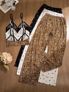 3pcs/Set Women Leopard, Heart, Cherry Print Comfortable Lingerie Set - Multicolor - View 2