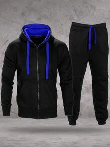 LoveMyFashions Men's 2pcs Set Tracksuit Full Sleeve Solid Color Drawstring Waist Zip Up Hoodie & Sweatpants Two Pieces Set With Pockets - Black/Blue - View 4