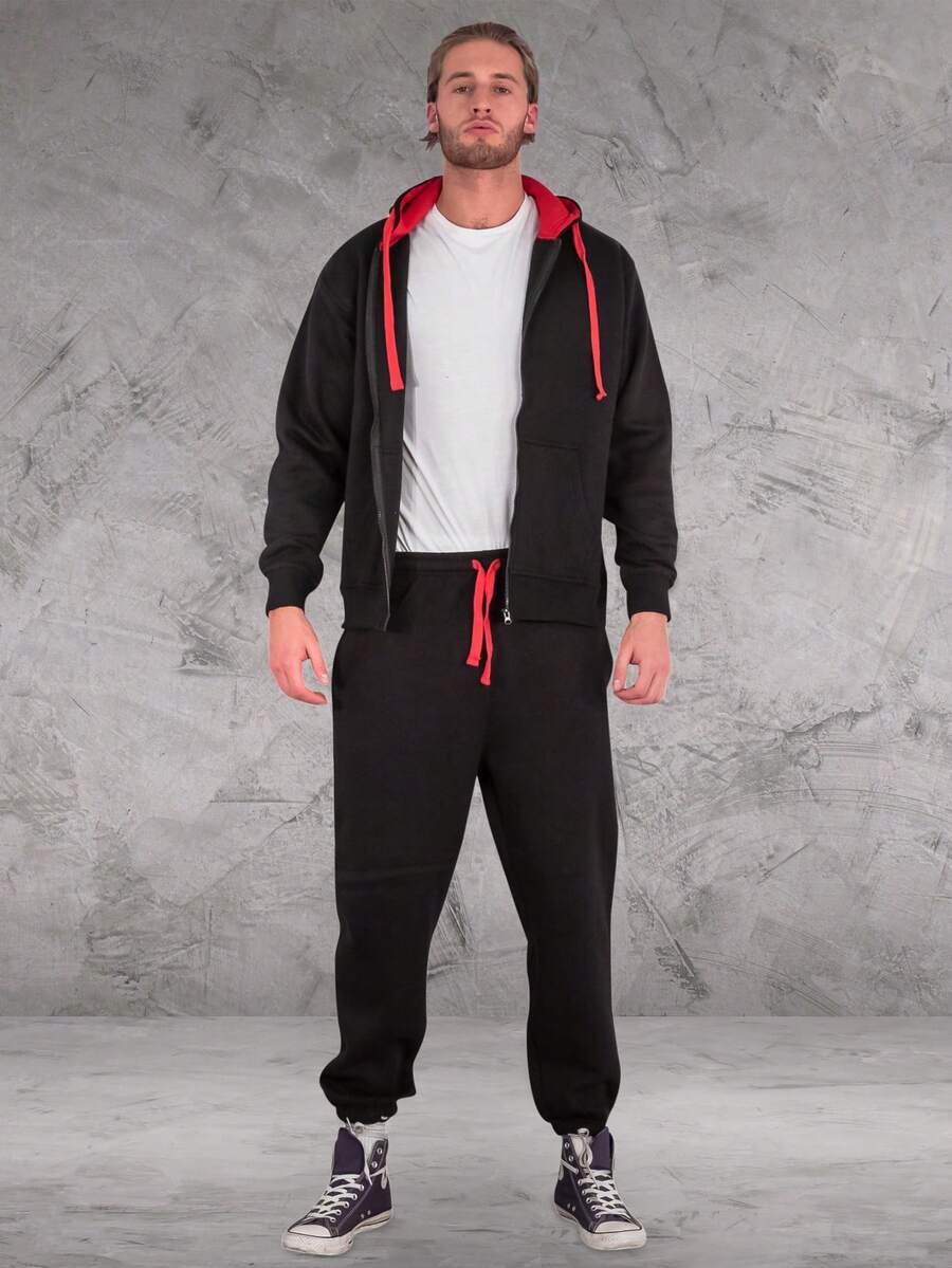 LoveMyFashions Men's 2pcs Set Tracksuit Full Sleeve Solid Color Drawstring Waist Zip Up Hoodie & Sweatpants Two Pieces Set With Pockets - Black/Red - View 1