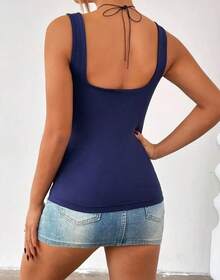 Women's Square Neckline Straight Suplex Tank Top - Azul Marino - Ver 2