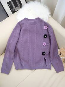 Women's Twisted Cable Knit 3D Flower Decora Going Out Tops, Fashionable Casual, Warm And Cozy, For Daily, Commuting, Home, Autumn Winter, Long Sleeve Tops,Vintage